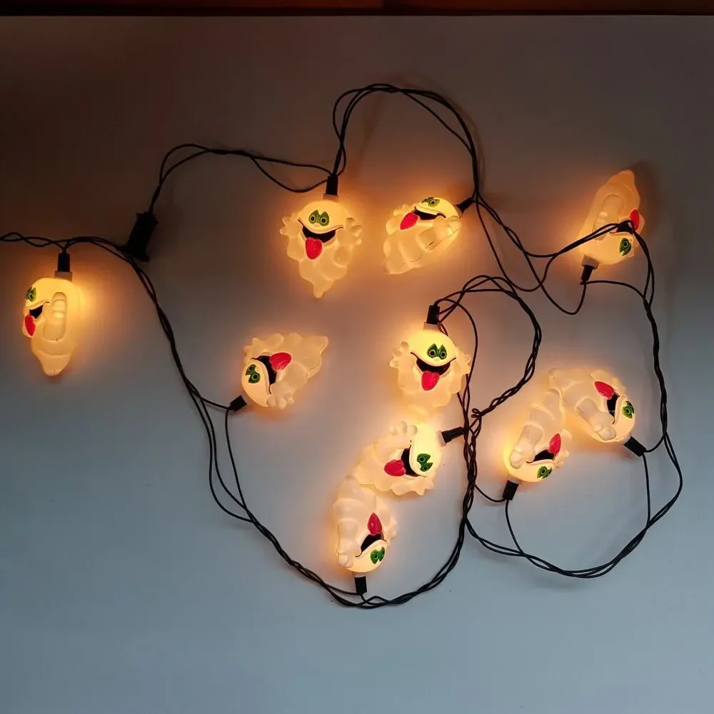 Vtg Halloween Ghost String Lights Plastic Blow Mold Set of 10 Easter Unlimited